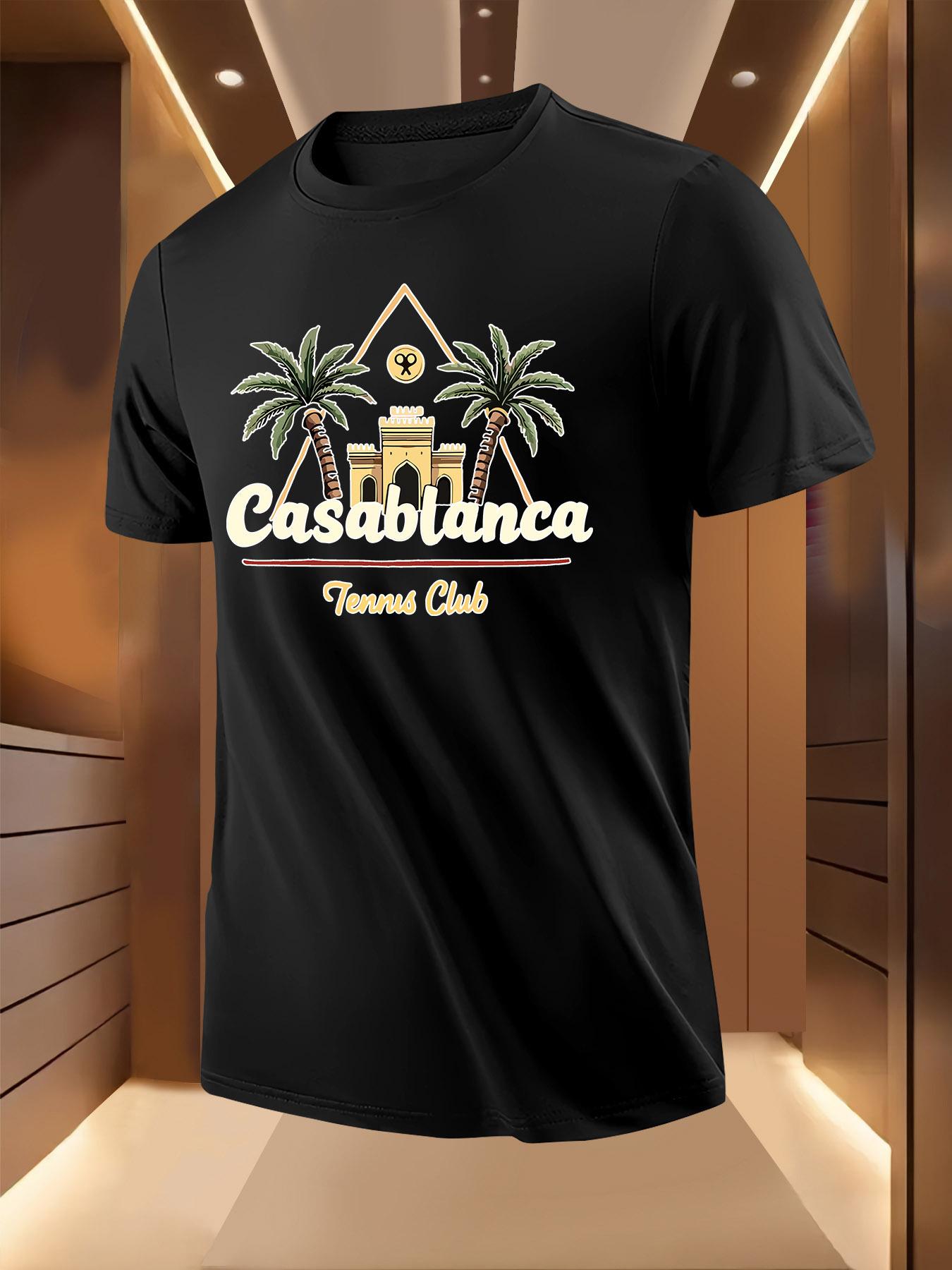 Summer Tshirt with Vibrant Tennis Court Palm Tree Print -... L