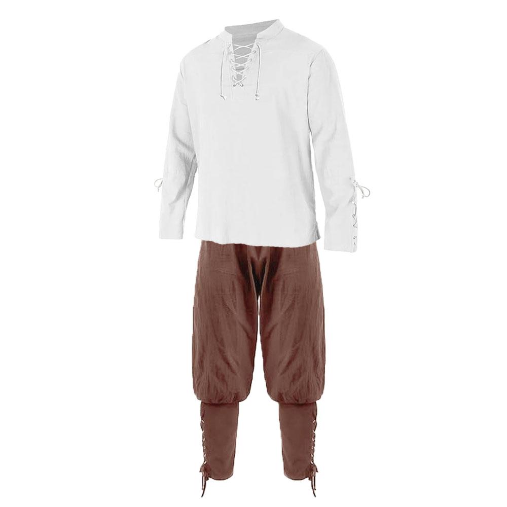 Renaissance-Sets für Herren, Piratenhemden und -hosen, Herrenkostüm, Baumwolle, Leinen, V-Ausschnitt, Kordelzug, Partykleid, zweiteilig