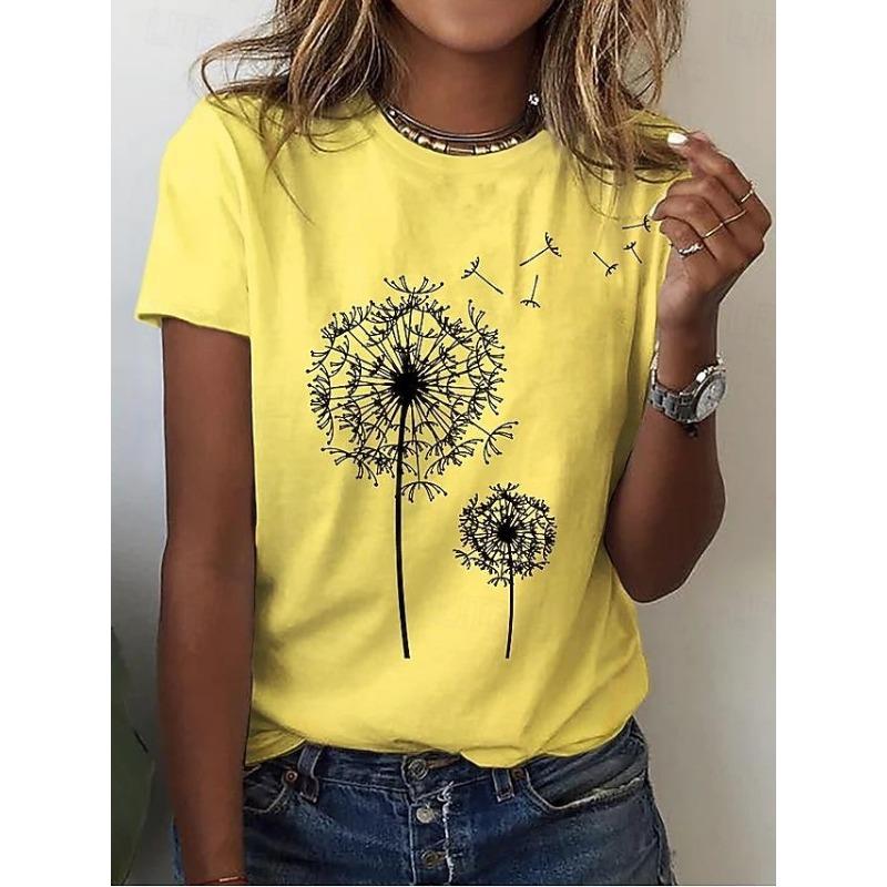 Women's Casual T-Shirt Dandelion Print Crew Neck White Short Sleeve Summer Wear Comfort Fit Daily Essential