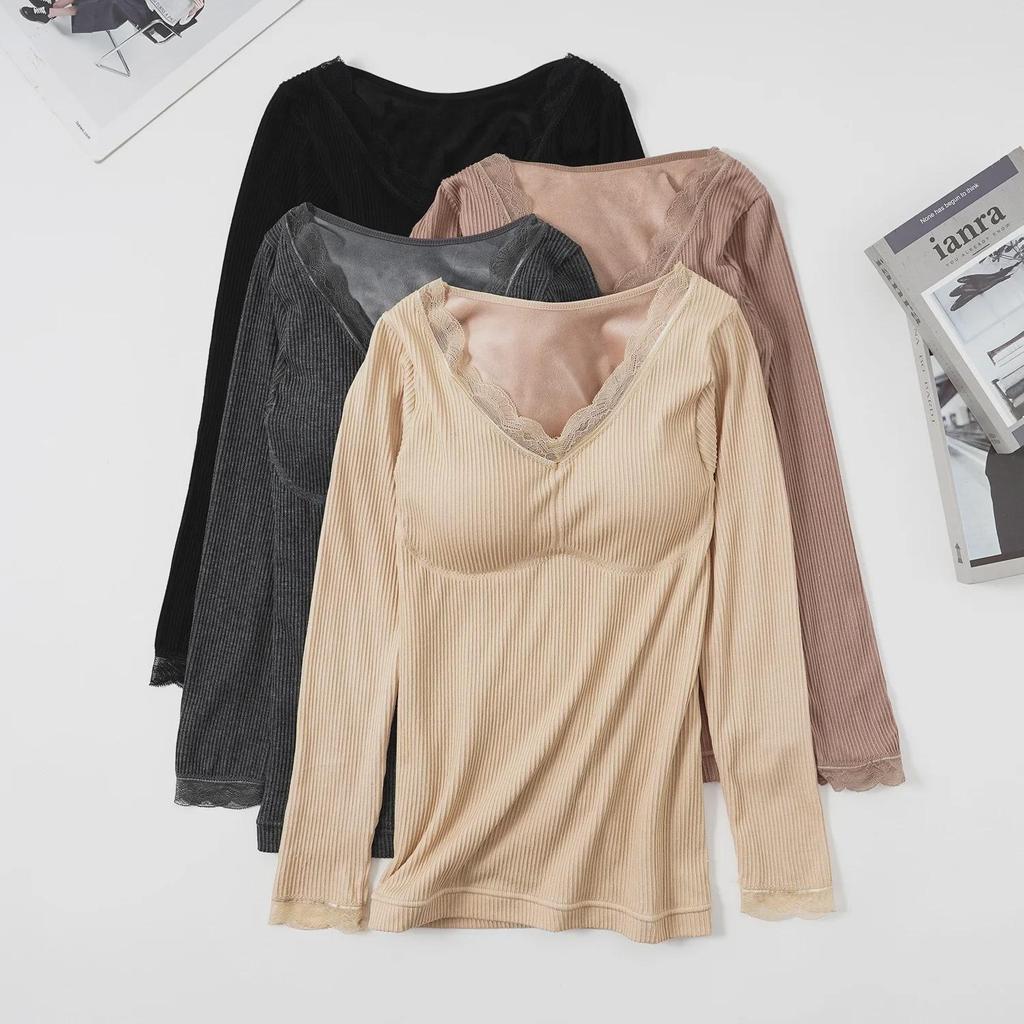 "Top de iarnă călduros pentru femei cu gât în V din fleece cu cupe pentru bust, mânecă lungă, cămașă strâmtă de bază"