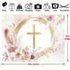 Elegant floral religious party background, featuring golden glitters and cross designs, suitable for baptisms, Communion, etc