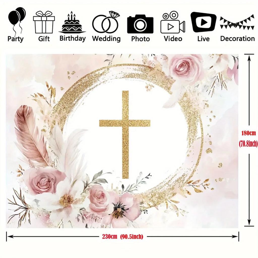 Elegant floral religious party background, featuring golden glitters and cross designs, suitable for baptisms, Communion, etc
