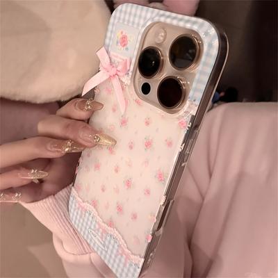 Lovely Retro Plaid Pattern Floral Pink Bowknot Phone Case For iPhone 17 16 15 14 13 12 11 Pro Max 16E 7 8 Plus Soft Cover