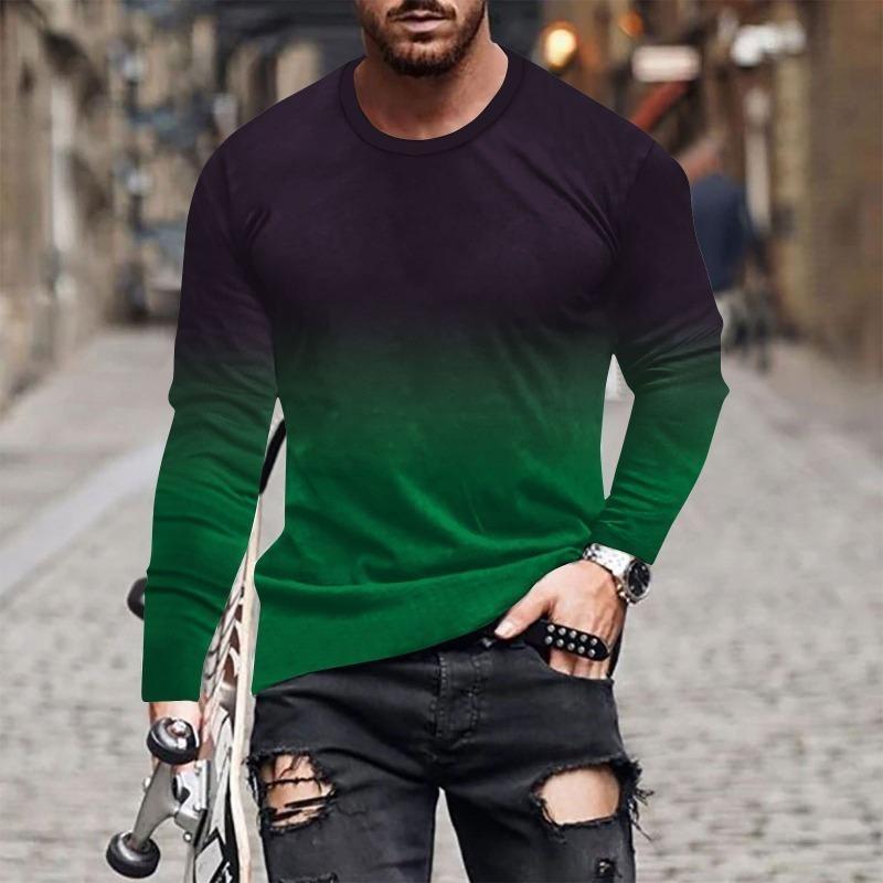 European and American Fashion Gradient Printed Casual Long Sleeved T-shirt O Neck Oversized Pullovers Tees Tops Men's Clothing