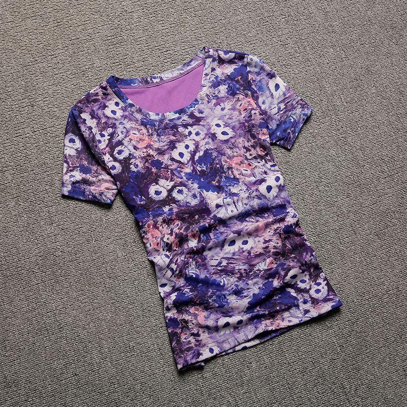 

European Station 2024 Summer New Arrival Short Sleeve T-Shirt Women s Floral round Collar Gauze T-shirt Purple Half-Sleeve plus Size Tops Purple 2XL