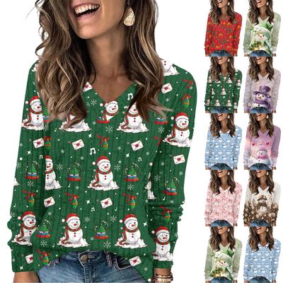 Women's Fashionable Loose-Fit V-Neck Long-Sleeved T-Shirt Christmas Print Pullover