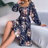 Damen Frühling/Sommer Elegant Floral Quadratischer Ausschnitt Langarm Tailliert Rüschen A-Linien-Kleid