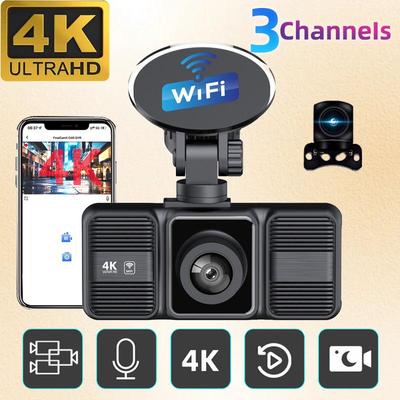 4K HD Dash Cam with 3 Lenses, Super Night Vision, and 2-inch Display; Front, In-Car, and Rear Views; WIFI Mobile Playback.