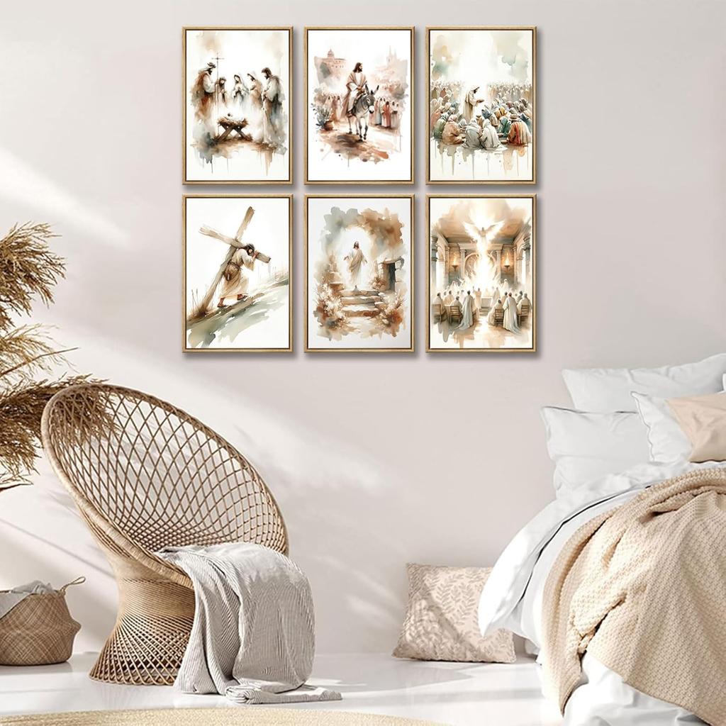 6Pcs Jesus Canvas Wall Art Watercolor Jesus Bible Posters Prints Christian Wall Decor Pictures Paintings for Living Room Bedroom Church Home Decor
