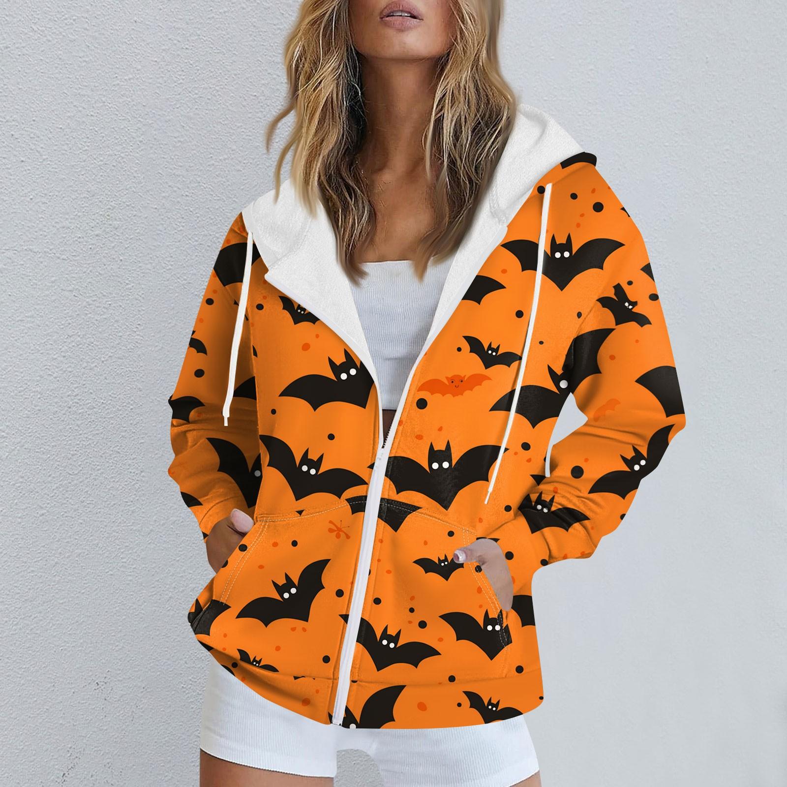 

Жіноча повсякденна спортивна куртка з принтом на Хелловін, осінь і зима, з капюшоном і кишенею на блискавці з довгими рукавами M шафрановий