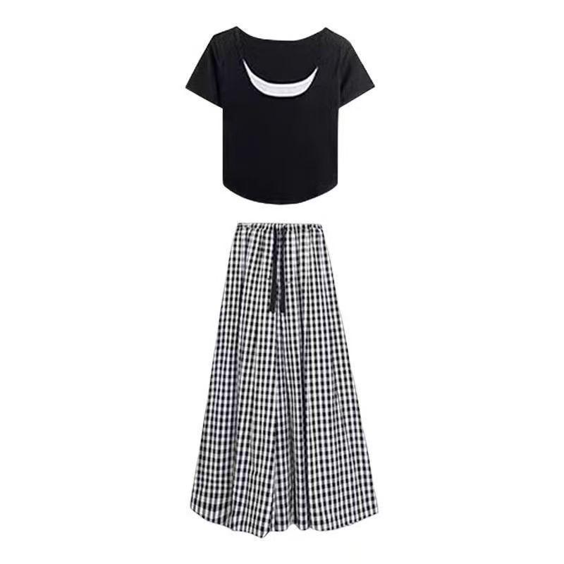 Last Piece: Cut Label Fake Two-Piece T-Shirt & Wide-Leg Skirt Pants Set
