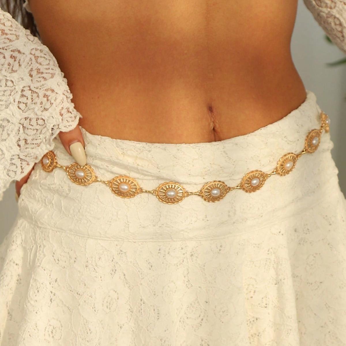 

1pc Fashionable Versatile High-End Niche Pearl Waist Chain, Retro Hollow Design Belt, Waist Chain Suitable For All Occasions, Be золотой