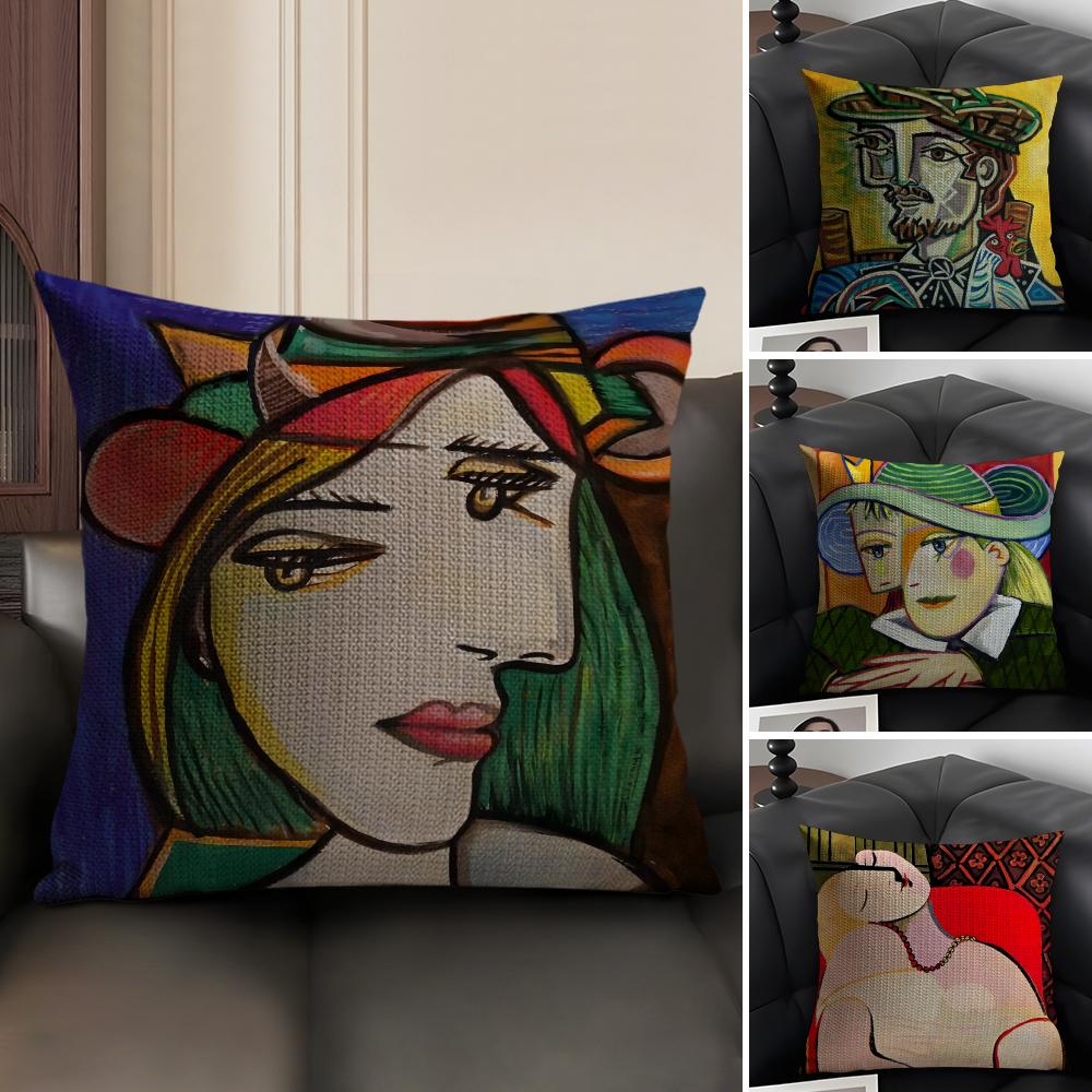 Berühmter Künstler P-Picasso Kissenbezug Natürlicher Leinen Bio-Stoff Doppelseitiger Druck Sofa Heimdekoration Geschenk Kissenhülle
