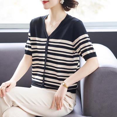 Damen Sommer V-Ausschnitt Gestreift Strick Kurzarm Top