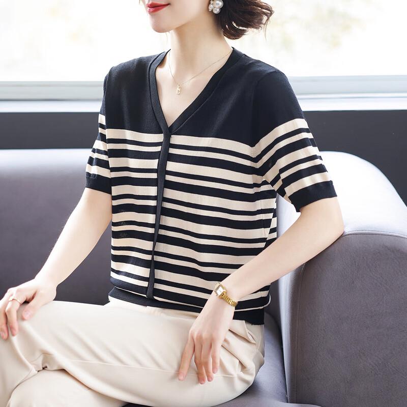 Women s Summer V-Neck Striped Knit Short Sleeve Top L