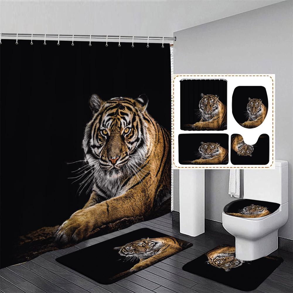 Black Lion Shower Curtain Set Wild Animal Motivational Quote Bathroom Curtains Non-Slip Bath Mat Rug Toilet Lid Cover Home Decor