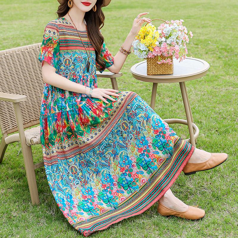 Elegant Women's Summer Dress Loose Short Sleeve Plus Size Casual Long Dresses Vintage Clothes