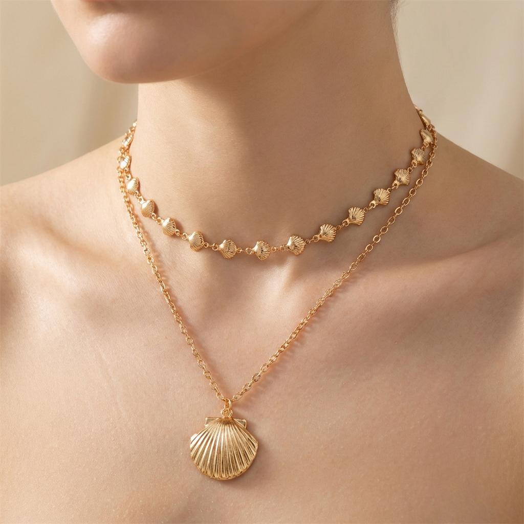 Classic Gold Color Metal Shell Beaded Necklace for Women Bohemia Double Layer Scallop Pendant Choker Summer Beach Jewelry Gift