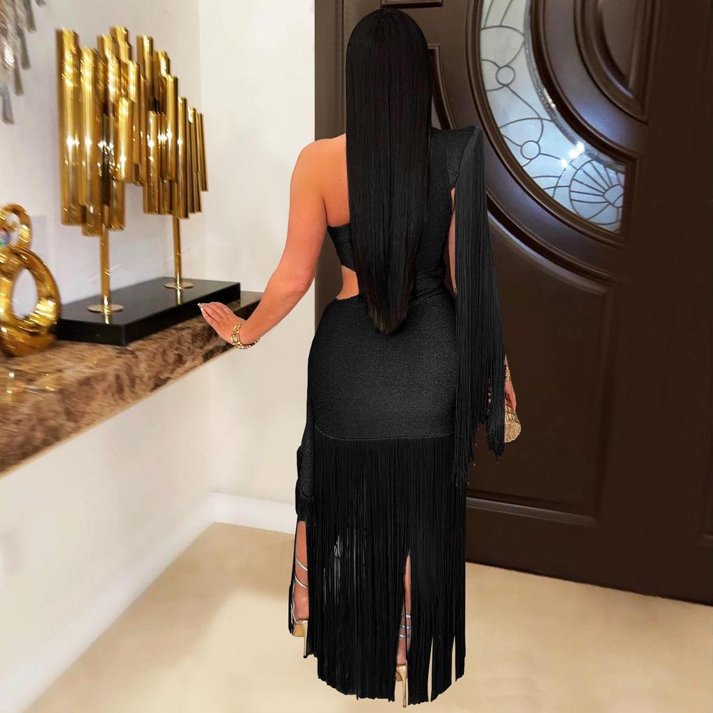 C7428 European and American Women's Fashion One-Shoulder Tassel Long Dress