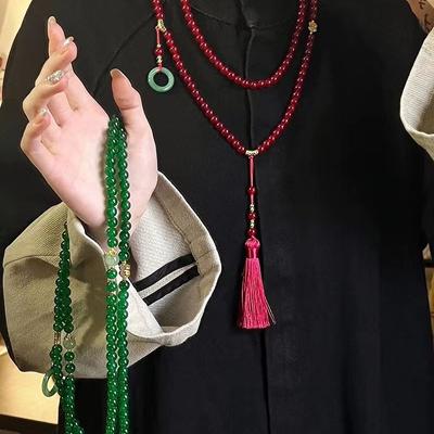 Natural Stone Prayer Necklace Women Buddhist Buddha Meditation Green Necklace Long Tassel Chokers Gift