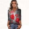 Women's Casual Halloween Print V Neck Button Front Three Quarter Sleeve T Shirt Top Lightweight Comfortable Fit for Everyday Wear