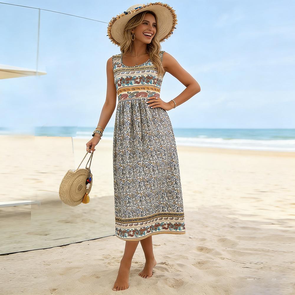 Dress - SummerBreeze - Bohemian Print, Sleeveless, Midi