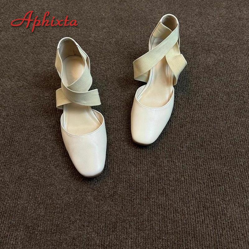 Fashion Aphixta Round Tou Ballet Shoes 7CM Square High Heels Woman Shoes Pumps Cross Elastic Band Shallow Woman zapatos de mujer