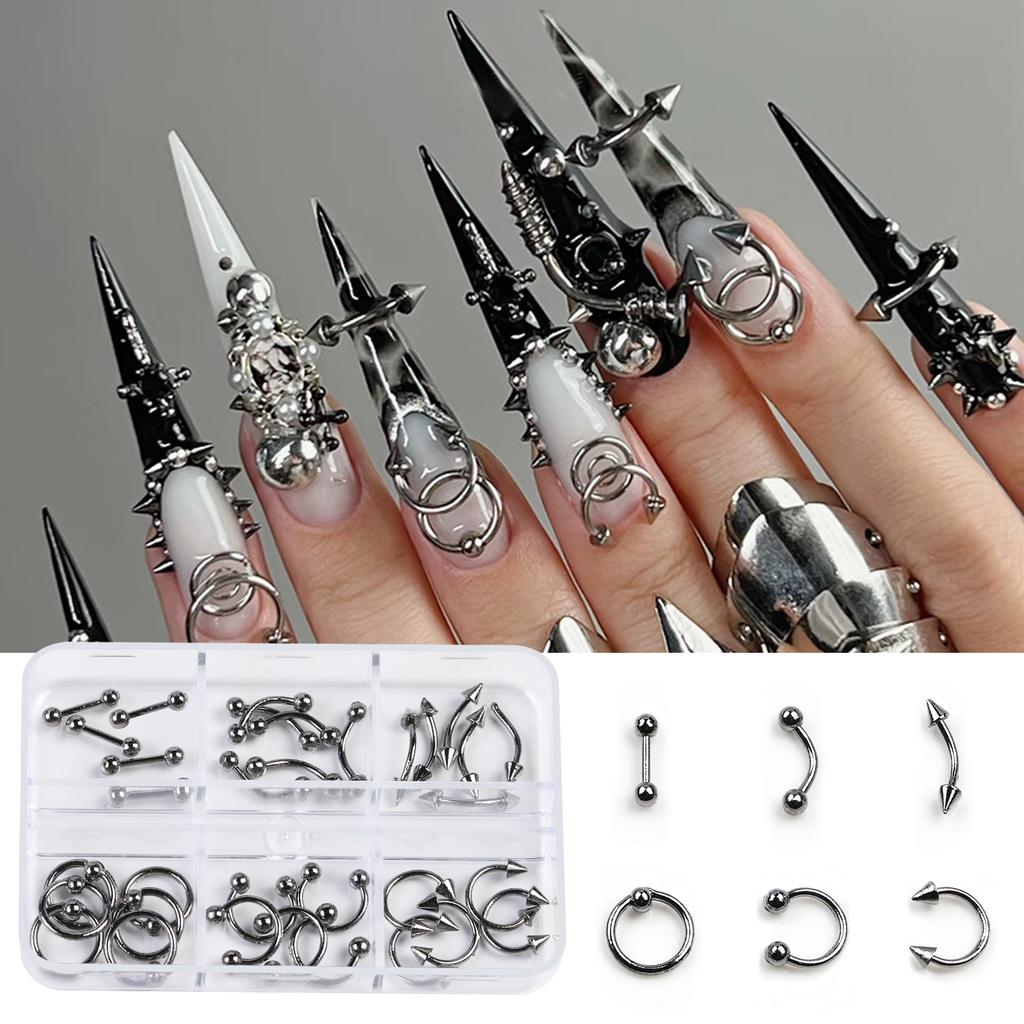 30pcs 6Grids Mixed Shaped Punk Arrow Nail Rivets Zinc Alloy Jewelry Y2k Nails Supplies DIY Nail Art Decoration Cool Style