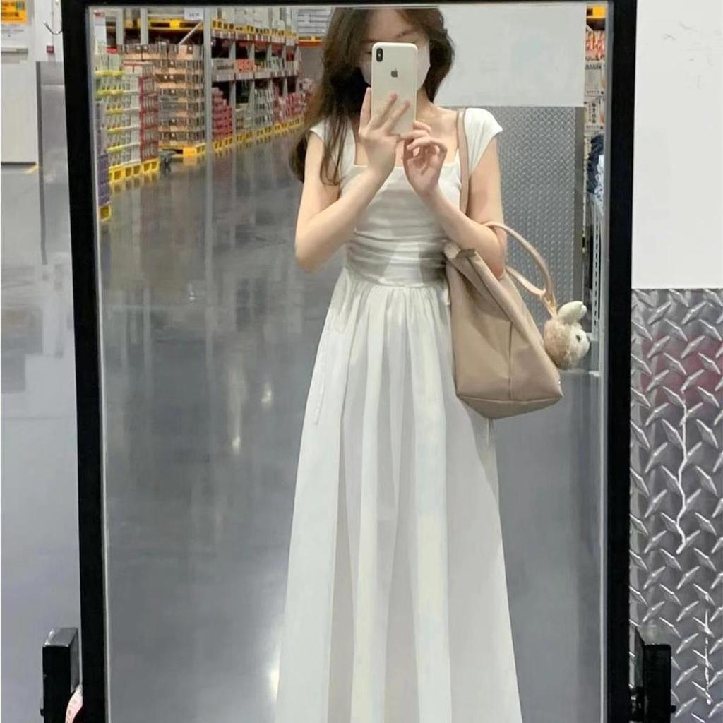 Coffee Break French First Love Square Collar Dress Children's Summer New Pure Milk Sweet Long Dress Waist Small Long Dress