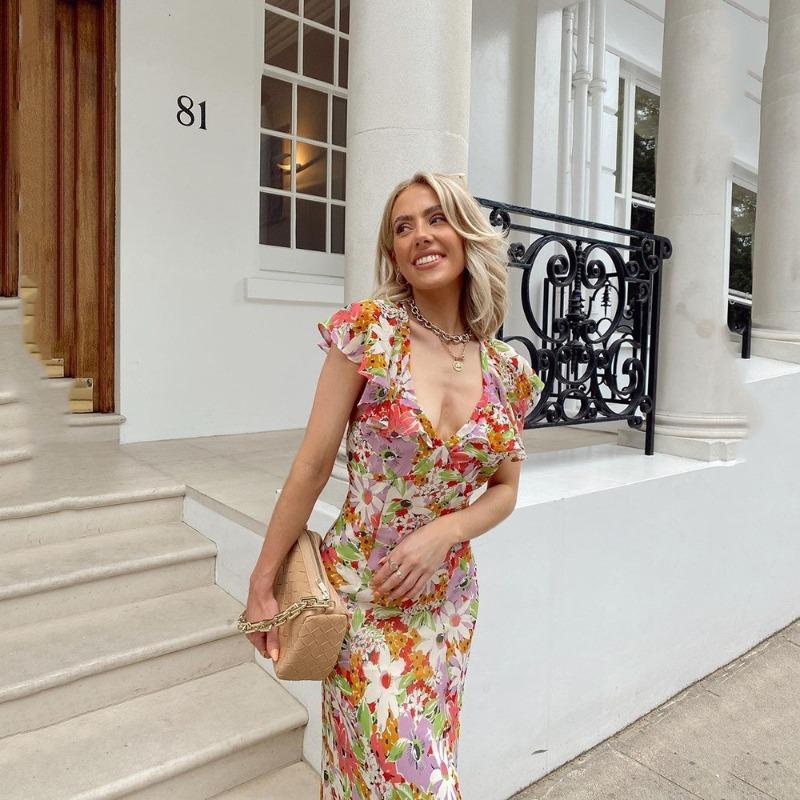 2 New spring and summer women s dress temperament commuter print backless sexy floral dress skirt S