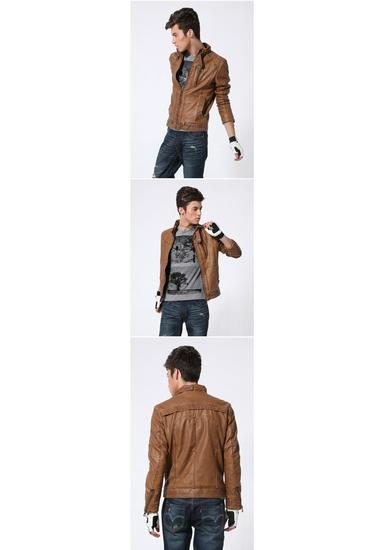 Men's Retro Winter Washed PU Leather Motorcycle Jacket with Stand Collar and Plus Velvet Lining