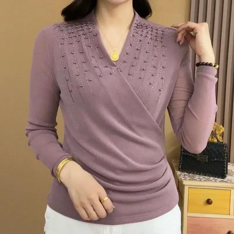 

Жіночі однотонні футболки з довгим рукавом Дизайн Сітчастий Стильний Топ з бісером з перехресним коміром 4XL