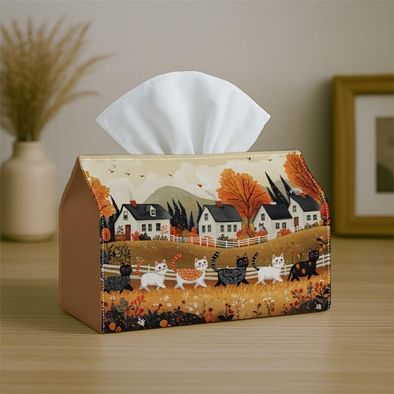 1pc Folk Art Rustic Tissue Box Holder - Farm Village Autumn, Perfect for Living Room, Dining Room, Bedroom, Bathroom, Bar, or Office Decor, Holiday Ta
