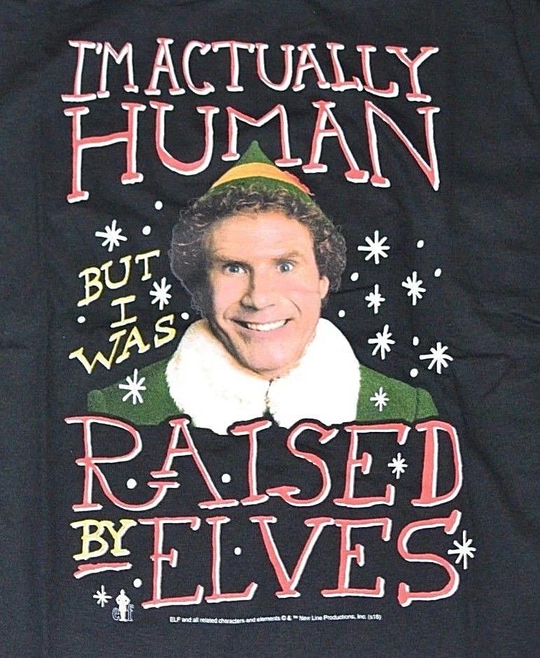

ELF Christmas 100% Cotton T-shirt Mens Tees Top I m Actually Human But Raised By Elves Buddy the Elf Tee 2XL