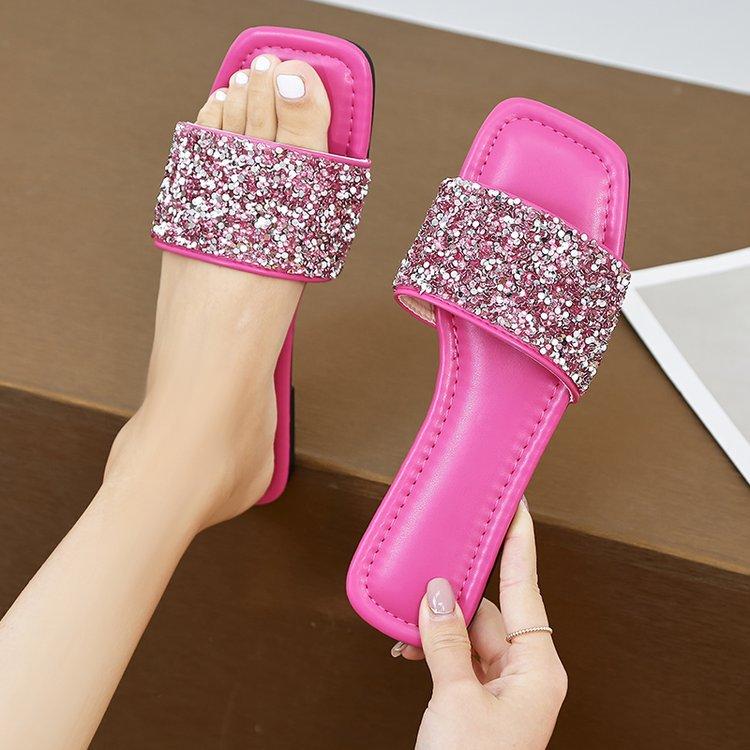 

Европа, Америка 2025 лето новинка Блестящие пайетки плоская подошва мягкая подошва удобные повседневные женские тапочки внешняя торговля большой размер 43 розы красного