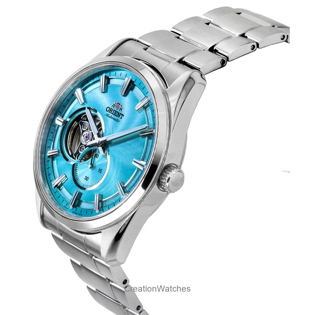 Orient Klasické moderní pánské hodinky z nerezové oceli světle modré s otevřeným srdcem, automatický RA-AR0009L