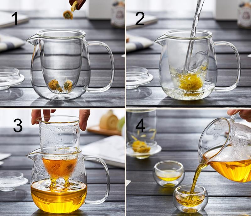 Set Teiera e Tazza in Vetro Resistente al Calore, Teiera con Infusore Gaiwan per Infusione Tè Oolong Bollitore per Acqua