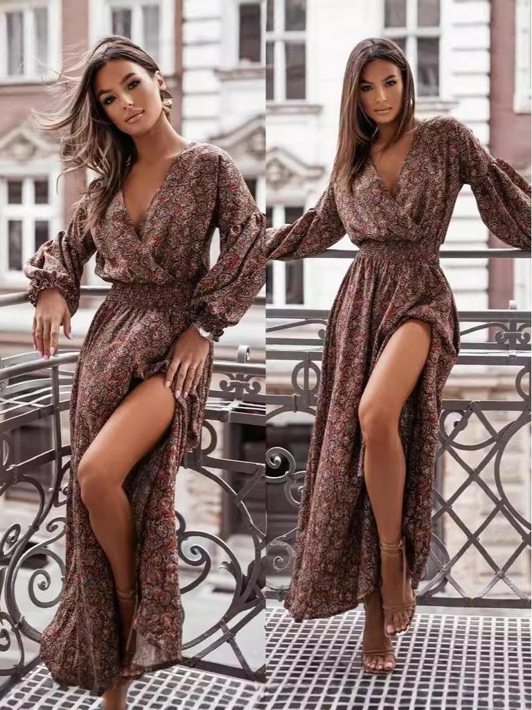 2024 Summer European & American Print V-neck Slit Dress with Long Sleeve & Waist Tie