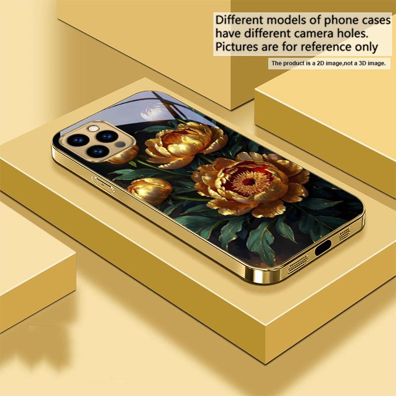 Prosperous Golden Peony For IPhone 17Pro Max 16 17 Pro 15 Pro 14 13 Plus 12 Mini 11Pro Max XR 16E 17 Air Golden glass phone case