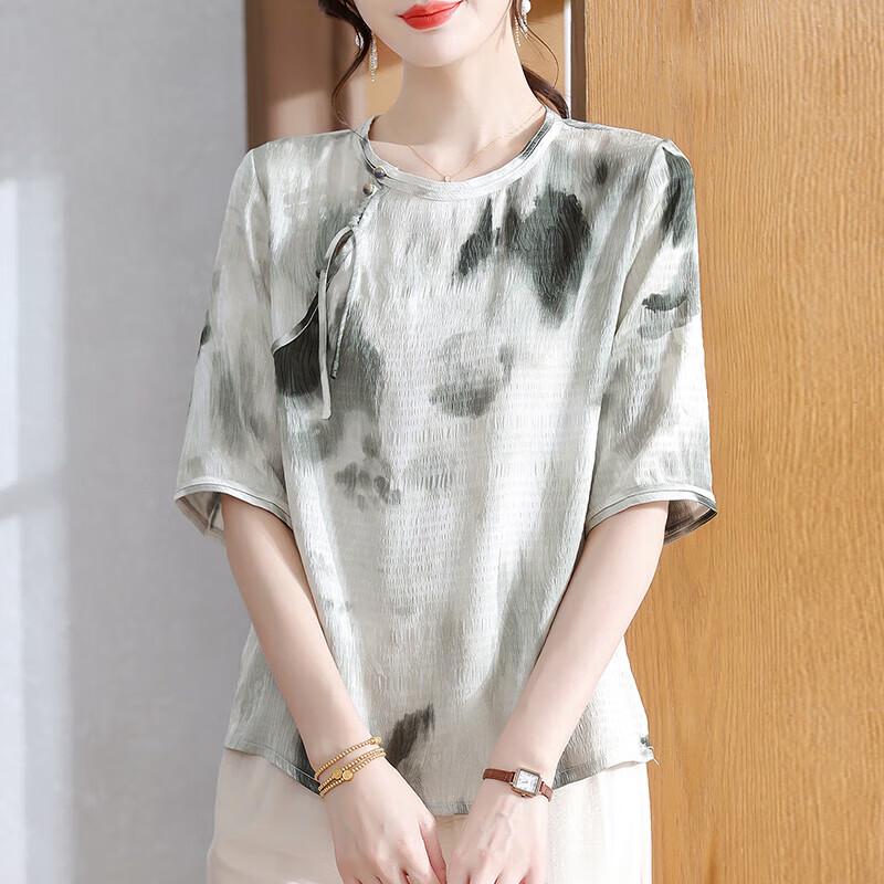 XUEXI New Chinese Style Printed Round Neck Summer Top 3XL