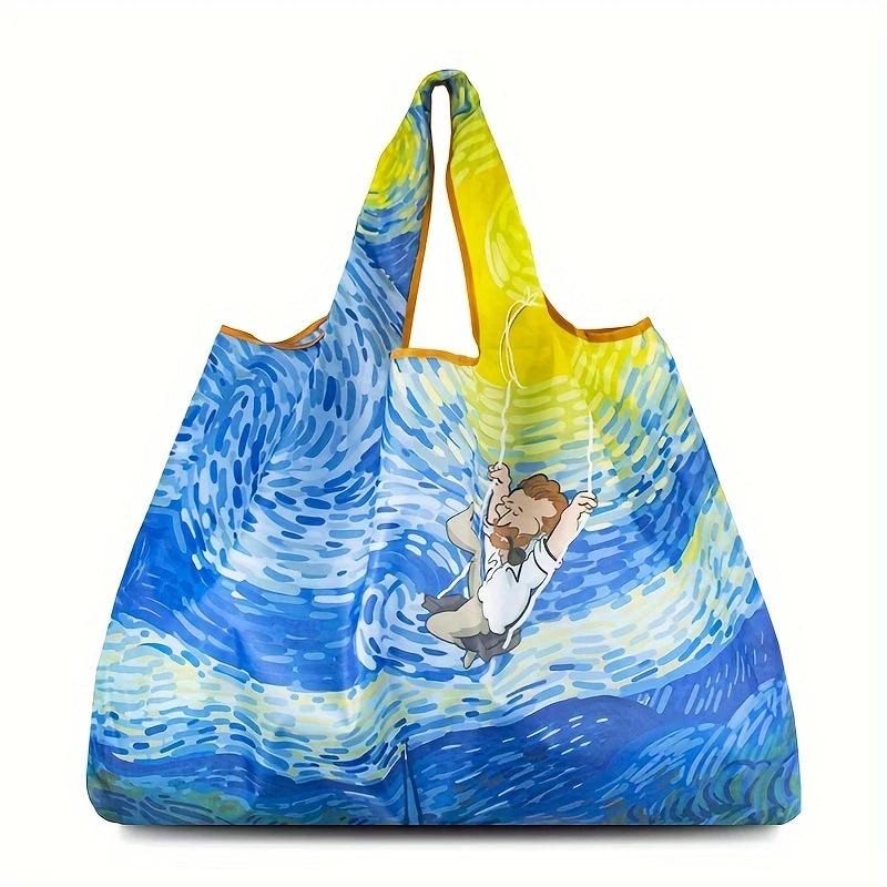 Faltbare quadratische Umhängetasche mit Ölgemälde-Print - Mehrfarbige Einkaufstasche