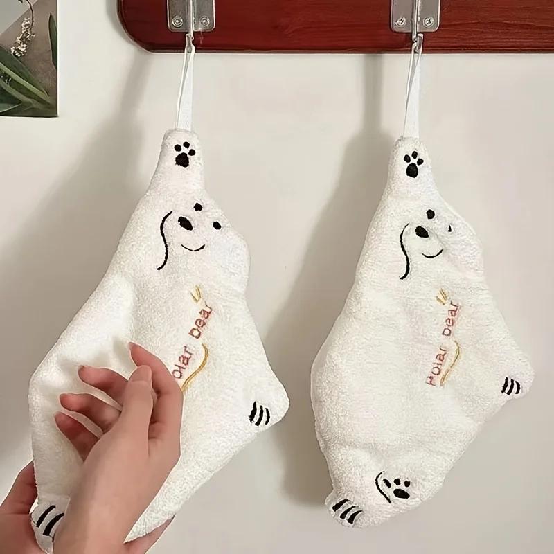 Super Absorvente 1 peça Toalha de Mão Urso Polar Fofo, Veludo Coral, Desenho Animado Espesso, Toalha de Mão para Pendurar, Adequada para Vários Cenários