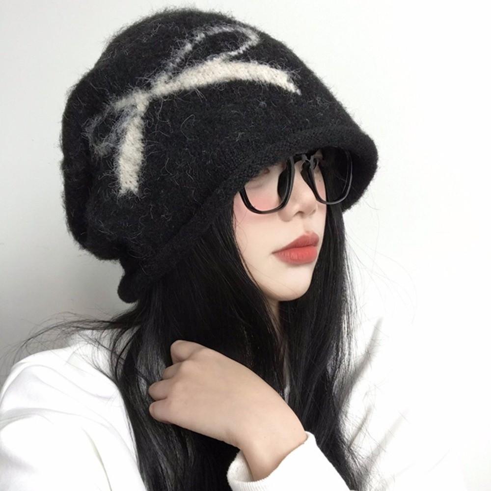 Jacquard Knitted Earflap Hat Oversized Skull Cap Casual Beanie Cap For Women