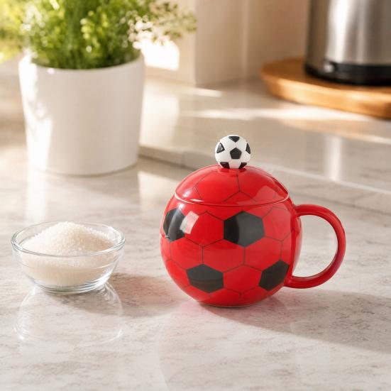 Sports Theme Soccer Cup with Lid, 400ml Ceramic Football Shaped Coffee Cup in Gift Box, Ceramic Drinkware for Home Office, Fan Gift