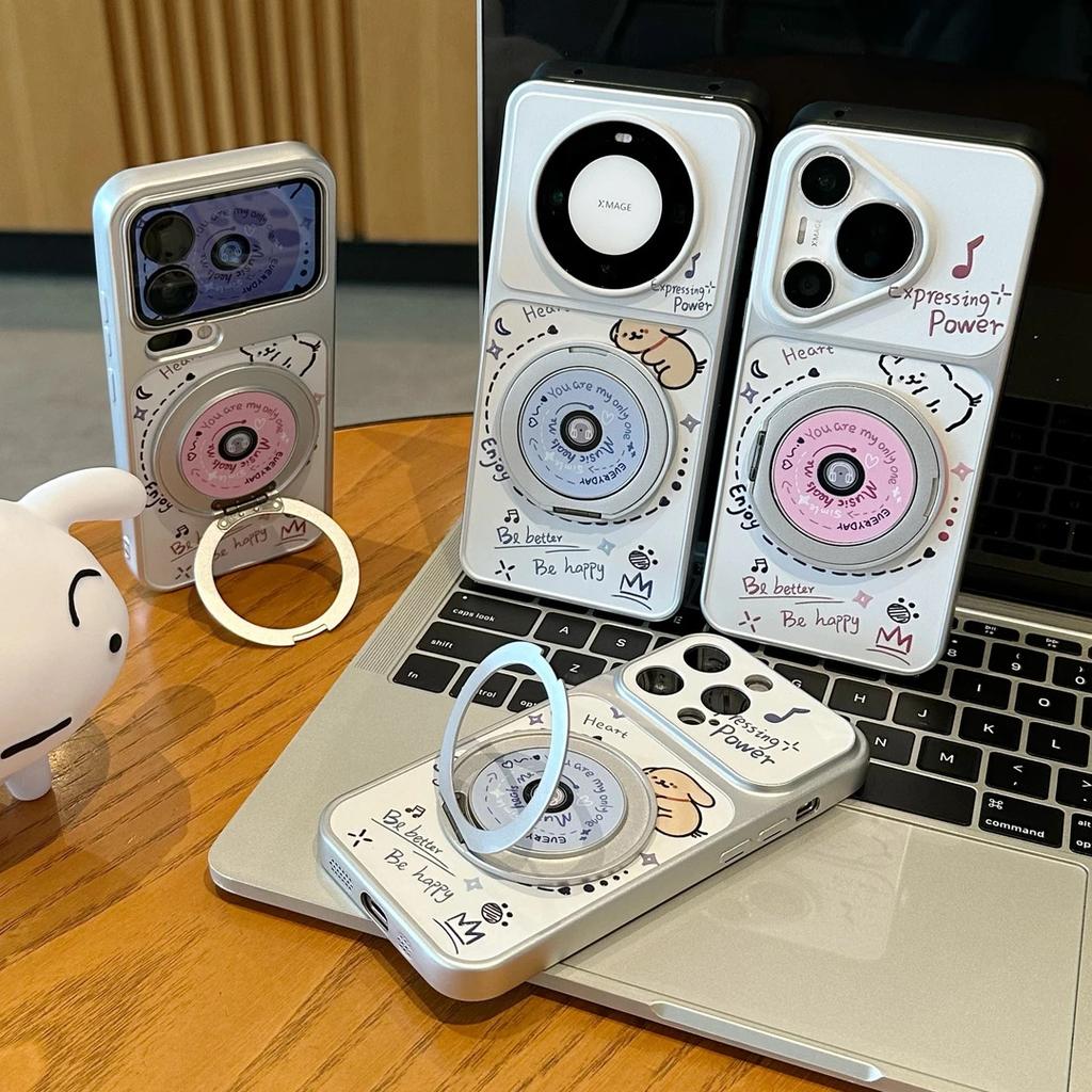 Music puppy rotating bracket for Apple 16/17Pro mobile phone case IP15 plating 14 cute 13 cartoon 12