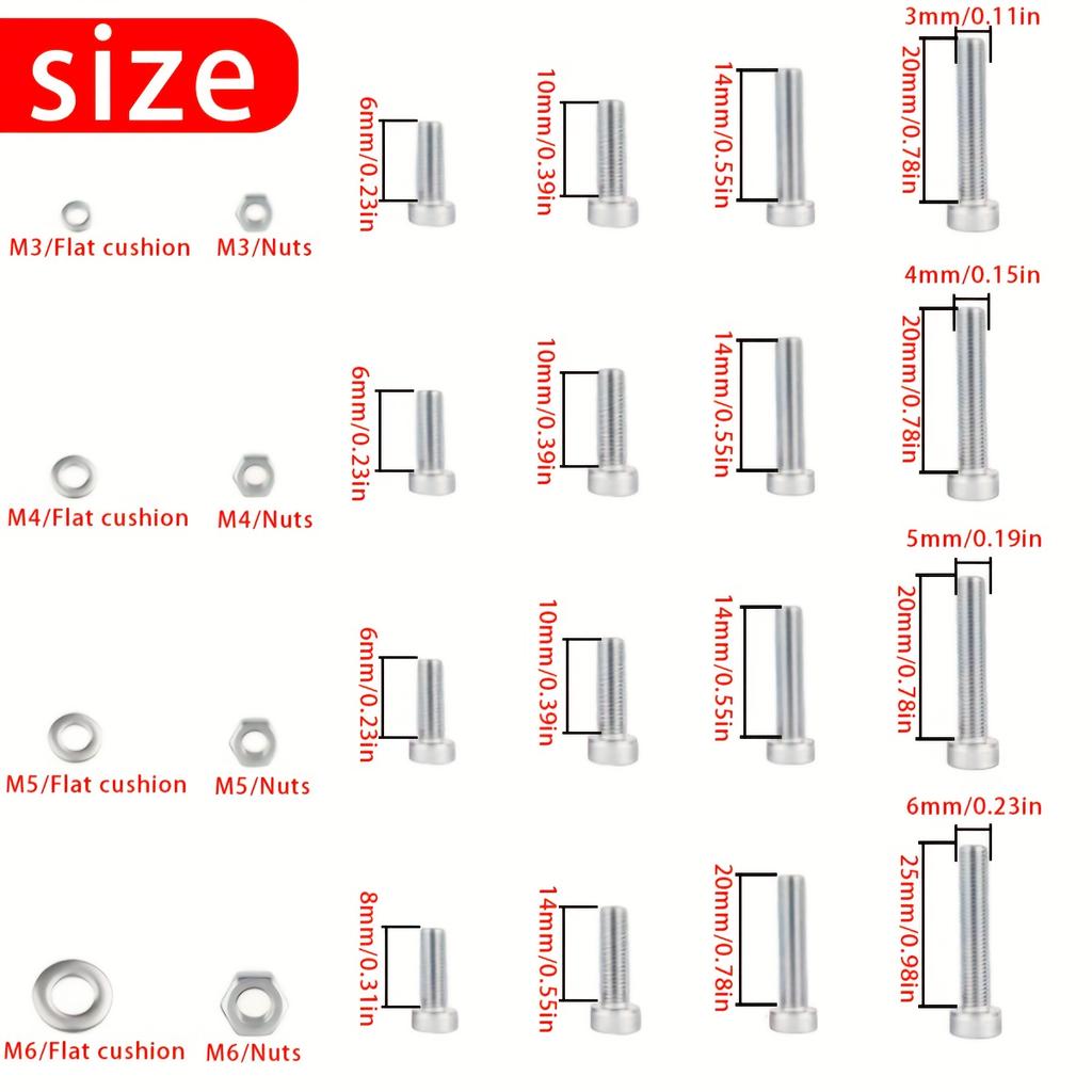 670pcs Stainless Steel Allen Screw and Bolt Combination Set | M3, M4, M5, M6 Hex Head | Includes Flat Washer Wrench