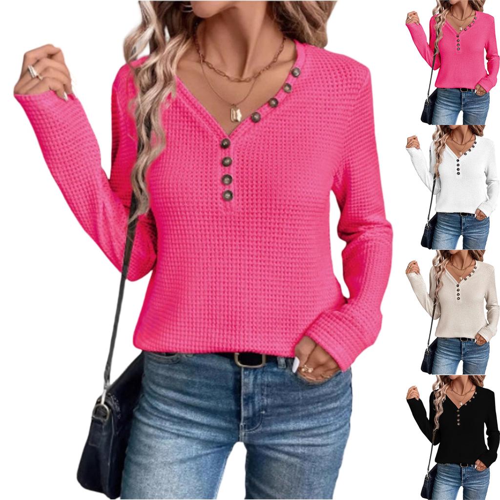 Women's Fashion Casual V-Neck Button Pineapple Plaid Long Sleeve T-Shirt Top