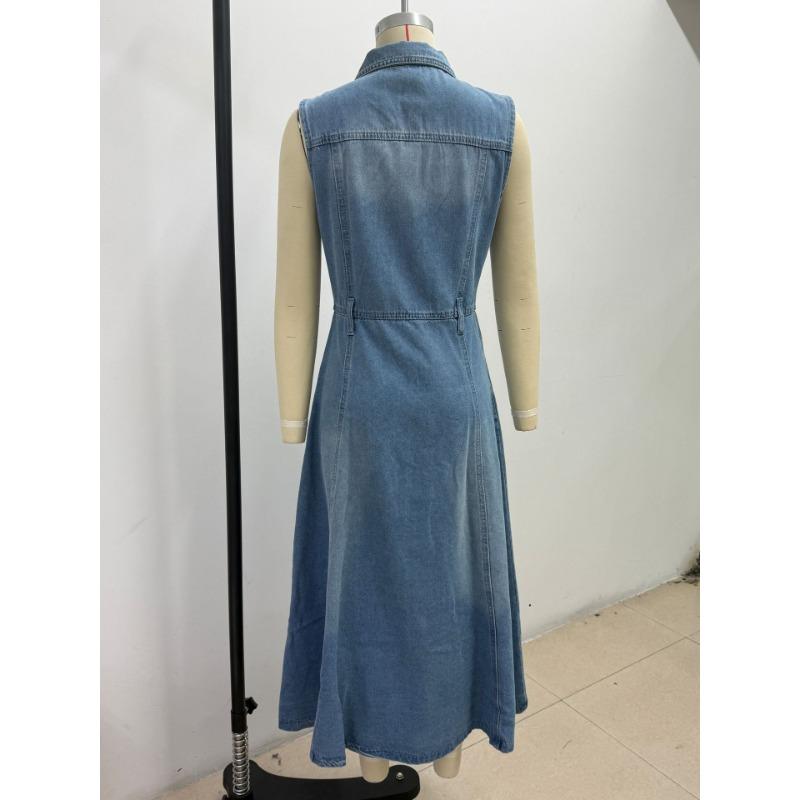 Fashion Washed Sleeveless Shirt Collar High Waist Denim Long Dress For Young Women
