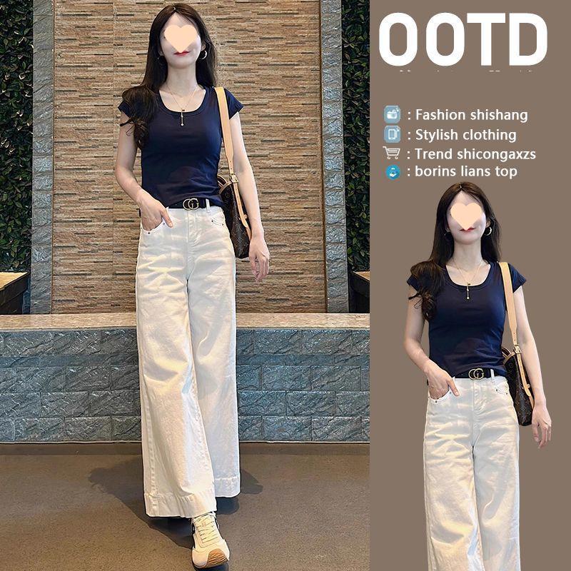 

Chic Two-Piece Summer Set: Short-Sleeved T-Shirt & Wide-Leg Pants M