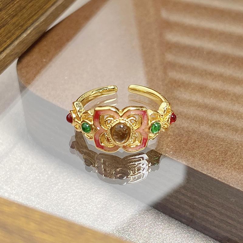 Medieval Vintage Retro Colored Enamel Open Ring Women'S Niche High-End Light Luxury Personality Ring